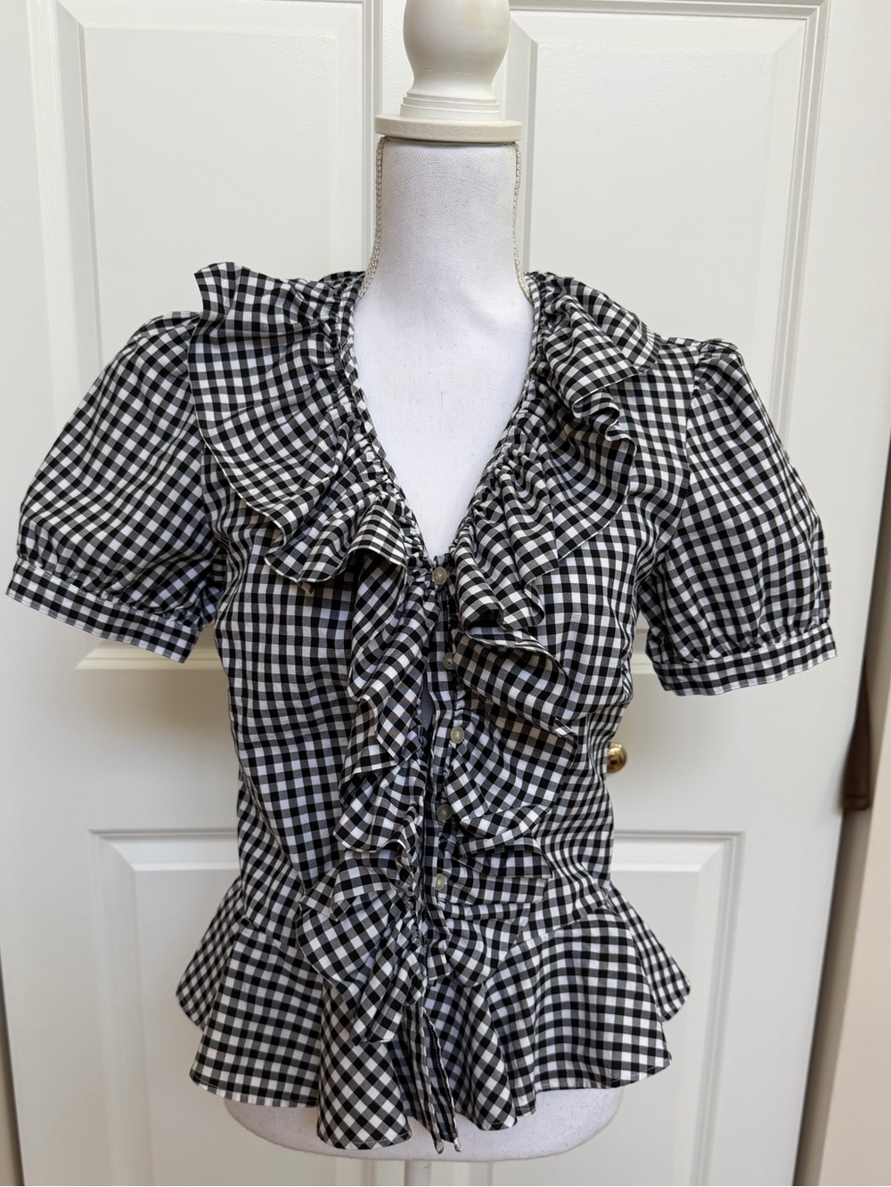 Ralph Lauren - Black & White Gingham Ruffle-Front Blouse (medium)